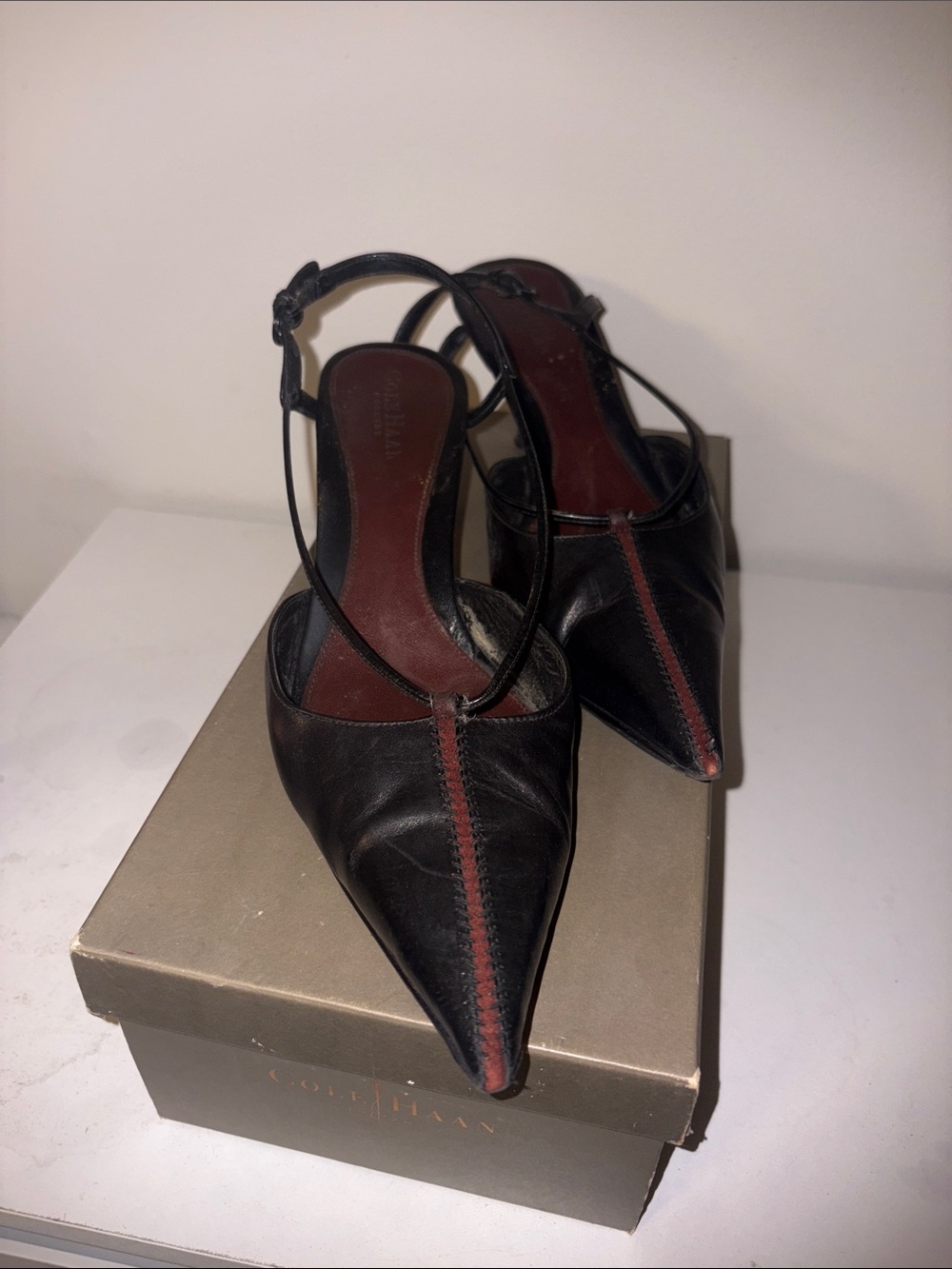 Cole Haan Black Leather Pointed Slingback Heels with Red Center Stitch